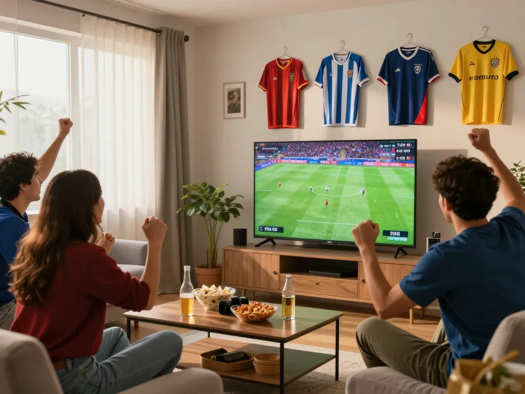 Lương Sơn TV offers exciting football match viewing experience with friends in a vibrant living room setup.