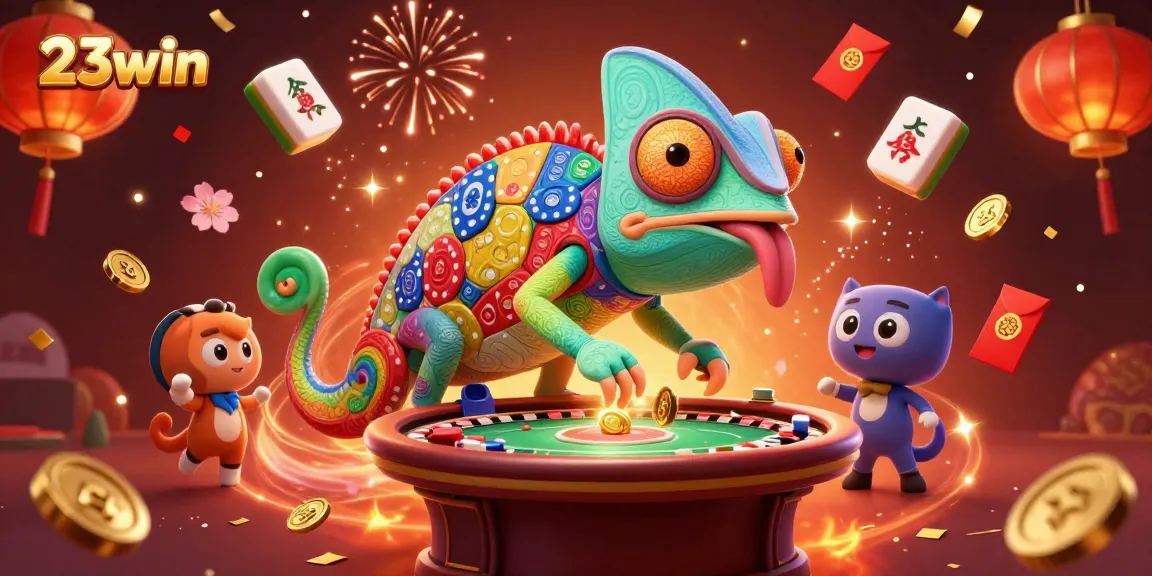Win big at 23win with a vibrant casino scene featuring our chameleon owner grabbing golden coins.