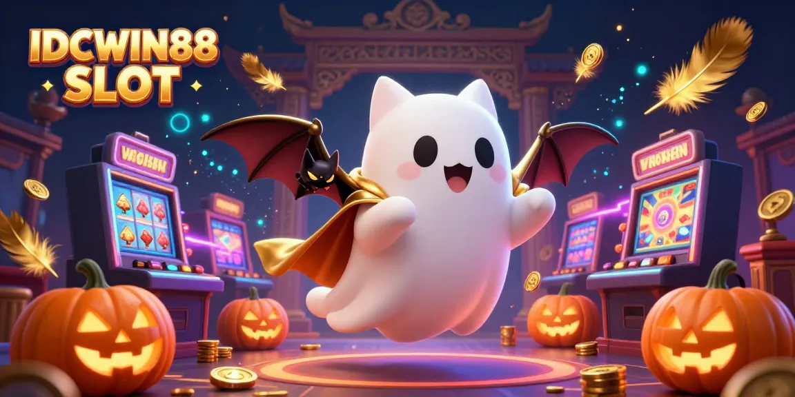 Engage with IDCWIN88 SLOT's vibrant casino experience featuring a ghost cat, bat, and glowing jack-o-lanterns.