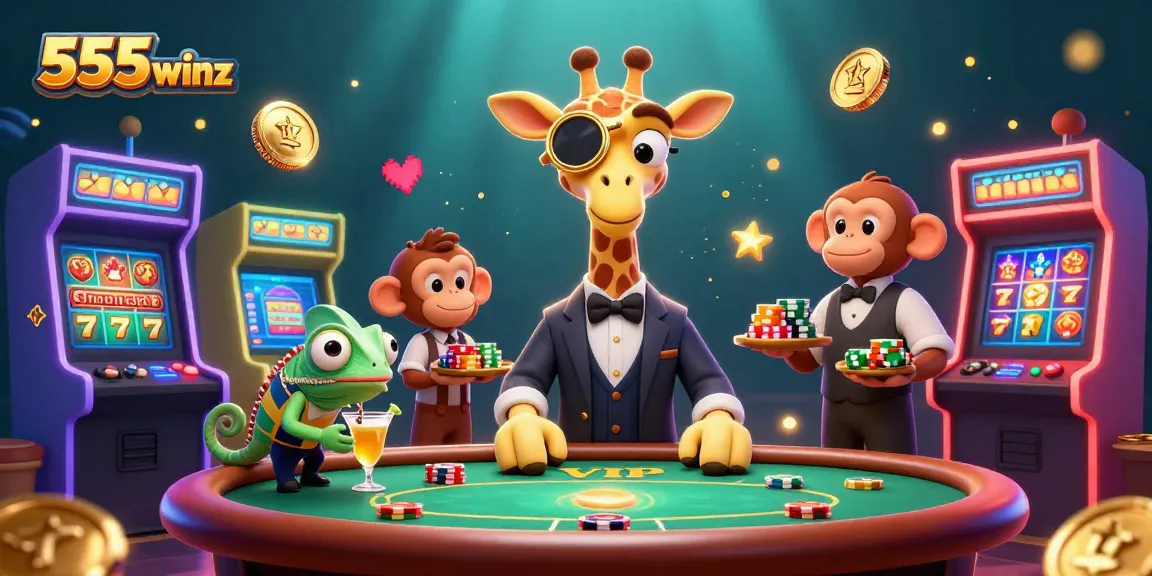 Experience thrilling wins with 555winz at the vibrant VIP poker table featuring unique cartoon characters and colorful casino elements.