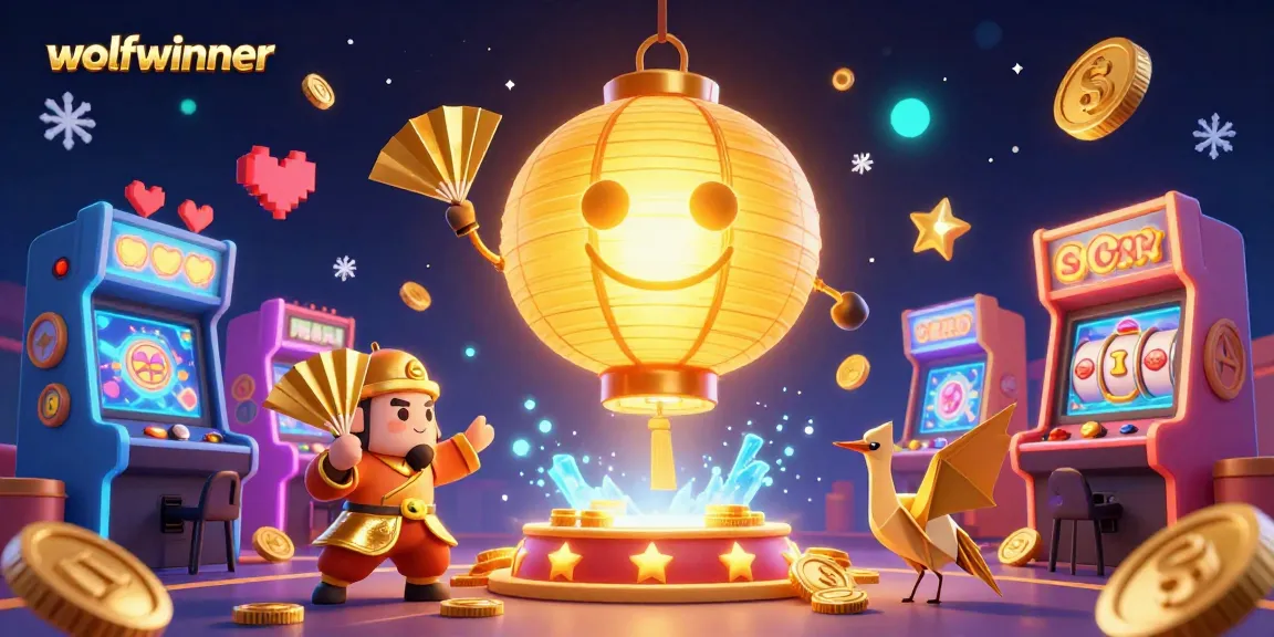 Experience the excitement of wolfwinner with a vibrant casino scene featuring golden lantern spirit, paper fan warriors, and colorful arcade elements.