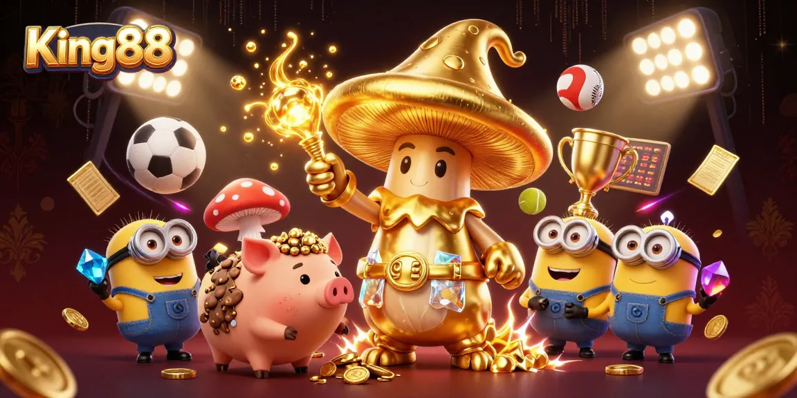 Experience sports betting excitement at King88 with vibrant casino-themed 3D illustration featuring golden wizard and treasures.