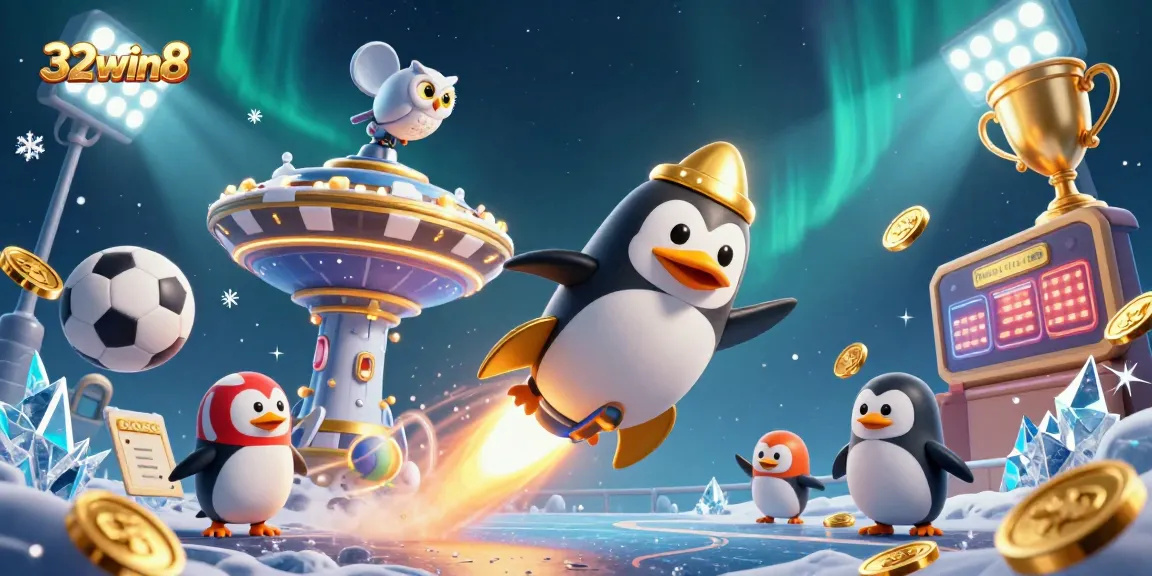 Spin to win at 32win8 as the golden penguin flies past a sparkling casino!