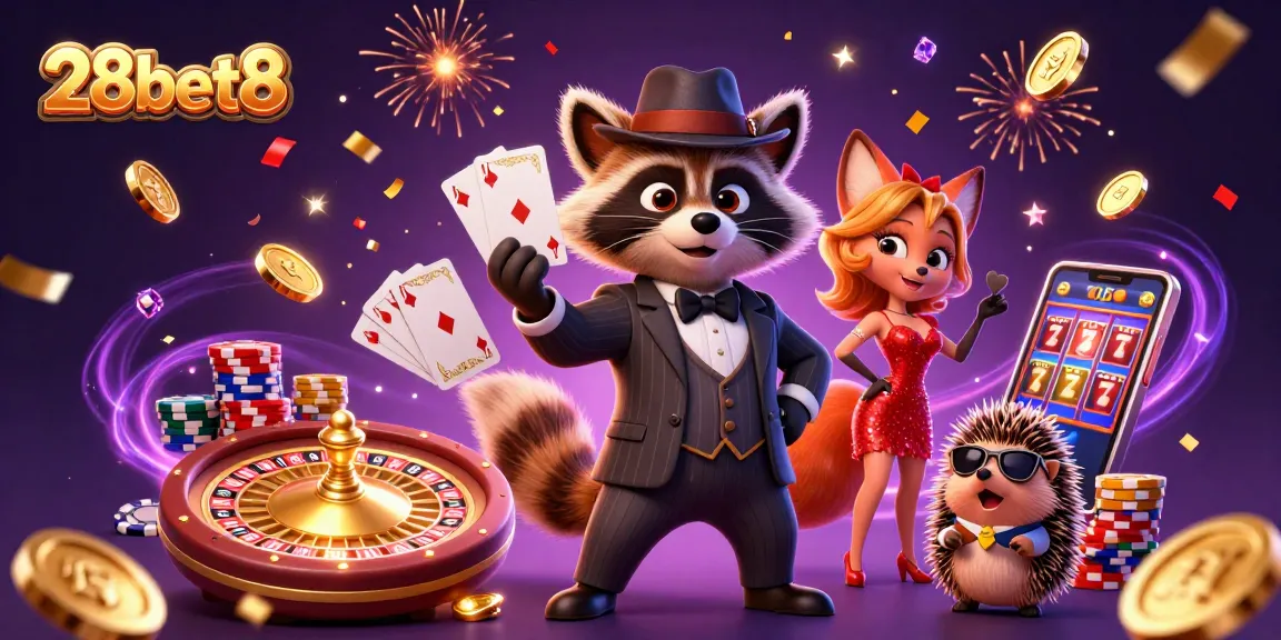 Spin and win at 28bet8 with the suave raccoon and glamorous fox in a vibrant casino scene.