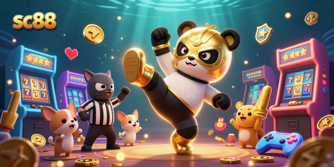 Experience exciting gameplay at sc88 while a panda wrestler performs stunning moves amid vibrant casino themes.